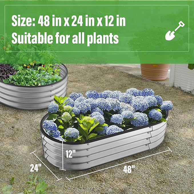 Crownland Outdoor Garden Metal Raised Garden Beds Oval Galvanized Planter Box Rubber Edge Guard for Patio Growning Fresh Vegetables Flowers Herbs and Succulents(4ft*2ft*1ft) Silvery