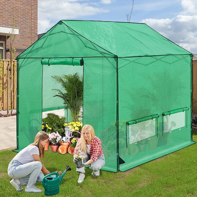 10x10 Pop Up Greenhouse Instant Walk in Green House with PE Cover Power Ports Roll up Doors &amp Windows for Indoor Outdoor Plant Growing Green