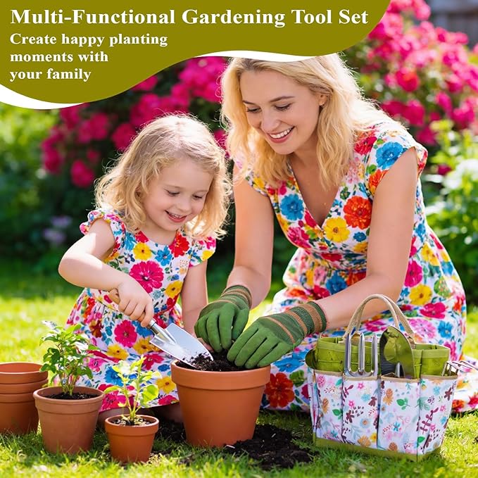 15-Piece Garden Tool Set for Women Heavy Duty Gardening Kit with Floral Garden Bag Steel Garden Hand Tools Plant Labels Gloves Gardening Gift Basket for Men Gardeners Plant Lovers Green