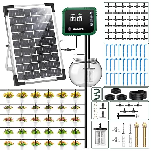 8W Solar Drip Irrigation System for Gardens DIY Automatic Drip Kit Supports Watering 30 Pots Includes 35m Drip Hose and 30 Emitters Suitable for Gardens/Greenhouses/Outdoor Irrigation Timer
