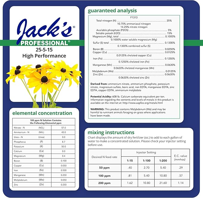 Jack's Professional 25-5-15 High Performance Water-Soluble Fertilizer with Micronutrients for Heavy Feeding Plants in Continuous Liquid Feed Programs 25lbs