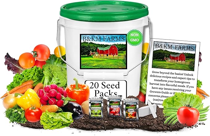 B&ampKM Farms 10000 Non GMO Heirloom Vegetable Seeds for Planting Vegetables and Fruits (20 Variety Pack) - Gardening Seed Starter Kit Survival Gear Food Gardening Gifts Prepper Supplies