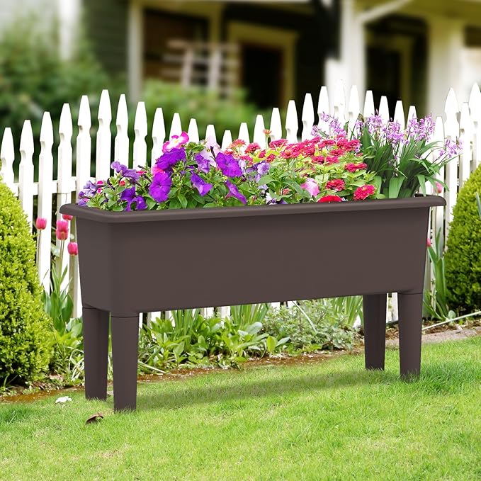 Giantex Raised Garden Beds Outdoor Set of 2 Self-Watering Planter Box with Detachable Legs &amp Drainage Hole Outdoor Raised Container for Vegetable Fruit Herbs 31.5”Lx12”Wx16”H Easy Assembly (Br