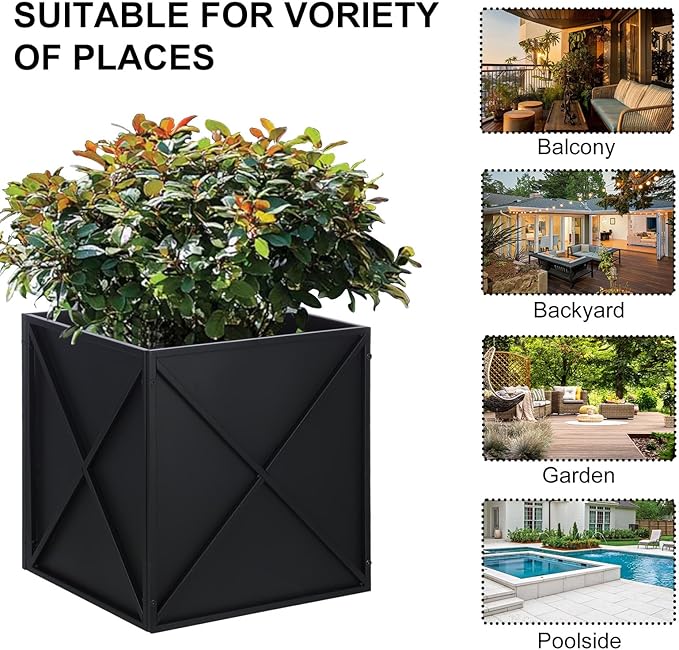 SUNNYPARK Large Metal Planter Box 17”x 17”x 18” Square Modern Black Metal Planter Box Heavy Duty with Drainage Holes for Outdoor Garden Patio