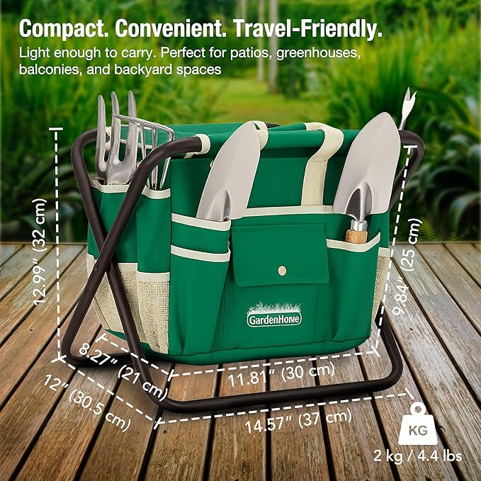 GardenHOME 7-Piece Green Gardening Tool Set – Stainless Steel Tools with Wooden Handles Folding Stool &amp Canvas Tote Durable Garden Kit for Every Gardener