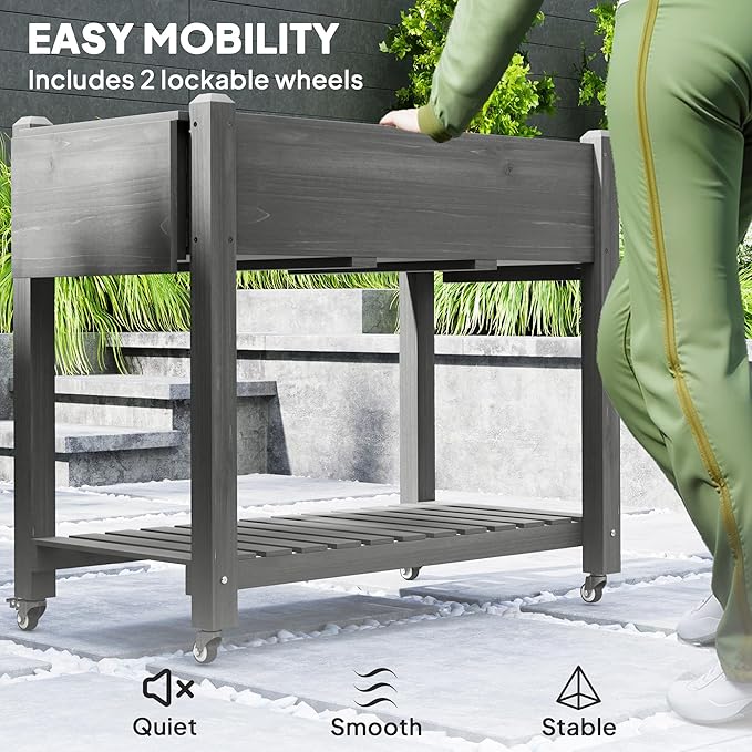 Outsunny Raised Garden Bed 57 x 20.5 x 34 in Wood Elevated Planter Box with Lockable Wheels Side Tables and Bottom Shelf Outdoor Raised Planter with Bed Liner and Drainage Holes Gray