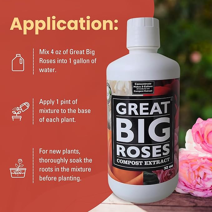 Great Big Roses – Soil and Rose Fertilizer Booster to Grow The Best Roses and Flowers Rose Food Compost Extract for Rose Bush 32 Ounce Concentrate (Makes 8 Gallons)