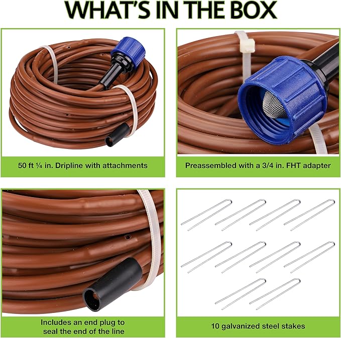 Raindrip R567DT Drip Irrigation Watering Kit for Vegetable Gardens Includes 50 feet of 1/4-Inch Dripline 3/4-Inch FHT Adapter 10 Hold-Down Stakes 1 End Plug