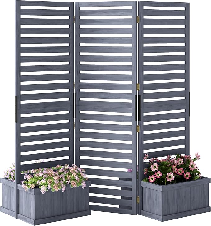 Outsunny Freestanding Outdoor Privacy Screen 4 Self-Draining Planters/Raised Garden Beds 3 Hinged Panels for Hot Tub Patio Backyard Deck Gray