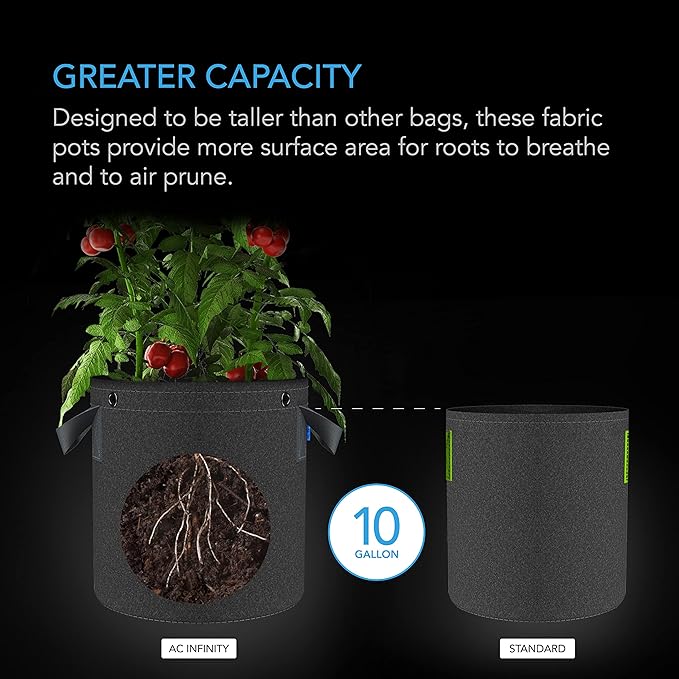 AC Infinity Heavy Duty Fabric Pots 10 Gallon Aeration Reusable Grow Bags 5-Pack with 500G Thick Nonwoven Fabric and Multi-Purpose Rings for Low Stress Plant Training Fruits Vegetables and Flowers