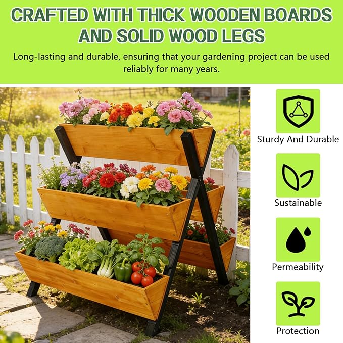 3 Tiers Wooden Vertical Raised Garden Bed with LegsBrown Planter Raised Beds Kit for Flowers Herbs Vegetables (29 L x34 W x32 H)