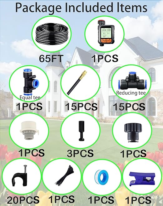 Drip Irrigation System 360 Adjustable Mist Sprayer Nozzle High Volume Water Flow Rotating Sprinkler Head for GardenPatioPotted PlantsEasy Install Fine Misting to Jet Spray (65FT+15Nozzles+TIMER)
