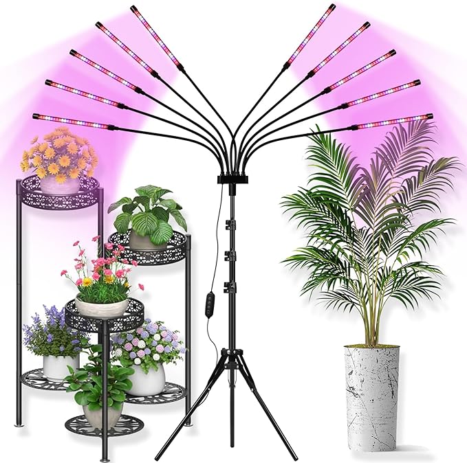 Grow Lights for Indoor Plants [ 10 in1 ] Full Spectrum Grow Light with Tripod Stand Auto On/Off Timing 4/8/12H Plant Lights for Indoor Growing. (Mix Spectrum 10 Arms)