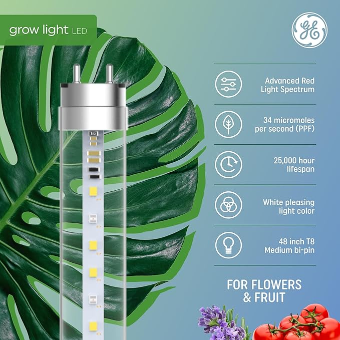 GE Grow Lights for Indoor Plants T8 LED Light Bulbs for Flowers and Fruit with Advanced Red Light Spectrum 25000 Hours Lifespan 34 PPF 48 Inches 6 Pack (Packaging May Vary)