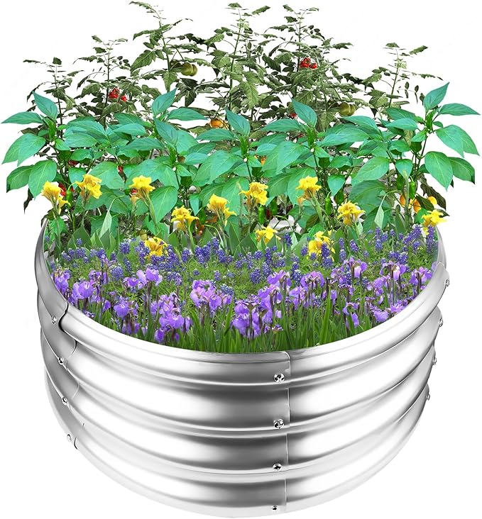 Galvanized Raised Garden Bed Round Metal Planter Box for Vegetables 2x2x1ft Outdoor Gardening Kit Flower Helb