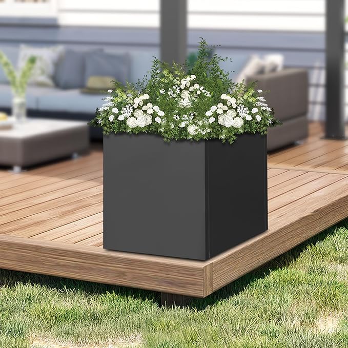Raised Garden Bed 24 * 24 * 24in Steel Metal Square Planter Box for Indoor Outdoor Balconies Gardens Decks Patios Decks Front Porches (Black)
