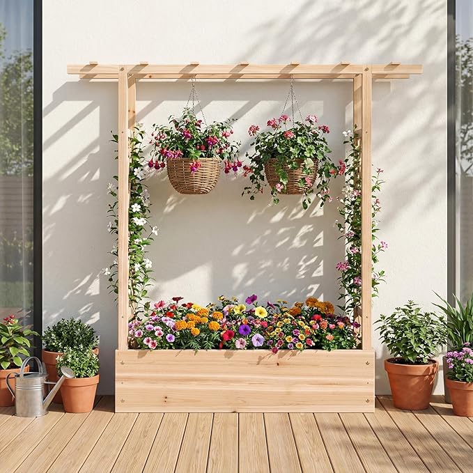 HAPPYGRILL Raised Garden Bed with Trellis &amp Hanging Roof 45 Tall Wooden Planter Box with Drainage Holes Outdoor Wood Elevated Garden Bed for Climbing Plants Vines Vegetables Flowers (Natural1)