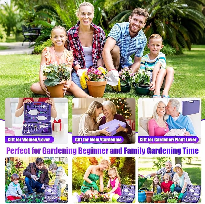 10-Piece Garden Tool Set for Women Heavy Duty Gardening Kit with Floral Handle Purple Storage Case Includes Trowel Shears Rake Sprayer - Ideal Gift for Female Gardeners