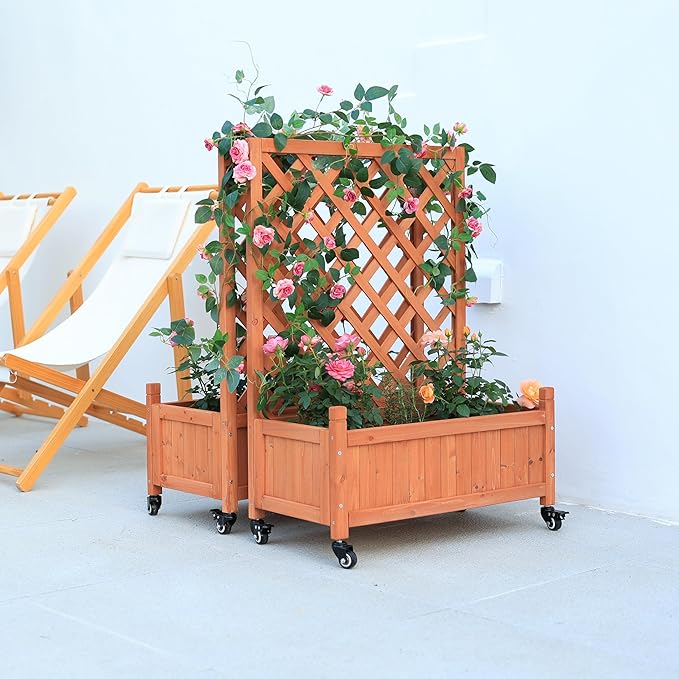 2 Pcs Wooden Planter Boxes with Trellis: Four Universal Wheels for Easy Mobility 37.6 H x 27.5 W x 13 DPerfect for Outdoor Climbing Plants on Patios Balconies &amp Gardens