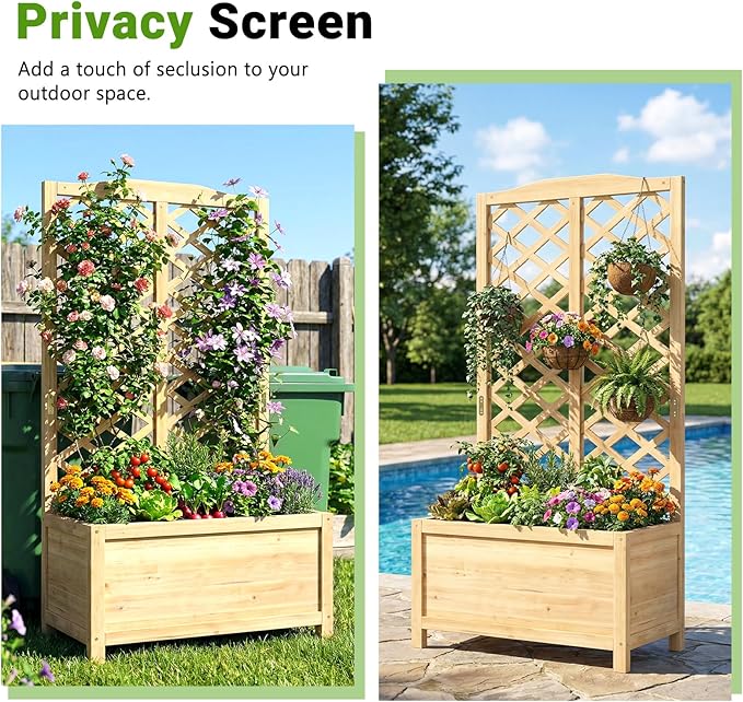 DoCred Raised Garden Bed with Trellis 30 L x 16 W x 59 H Elevated Freestanding Planter Box for Climbing Plants Outdoor Wooden Privacy Screen with Garden Box for Backyard Patio Balcony Decor