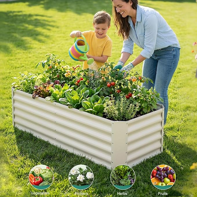 Galvanized Raised Garden Bed - 6x2x1.4ft Metal Garden Planter Box Outdoor | Steel Raised Bed Kit with Bracing Rods Gloves for Gardening Vegetables Fruits and Flowers (White)