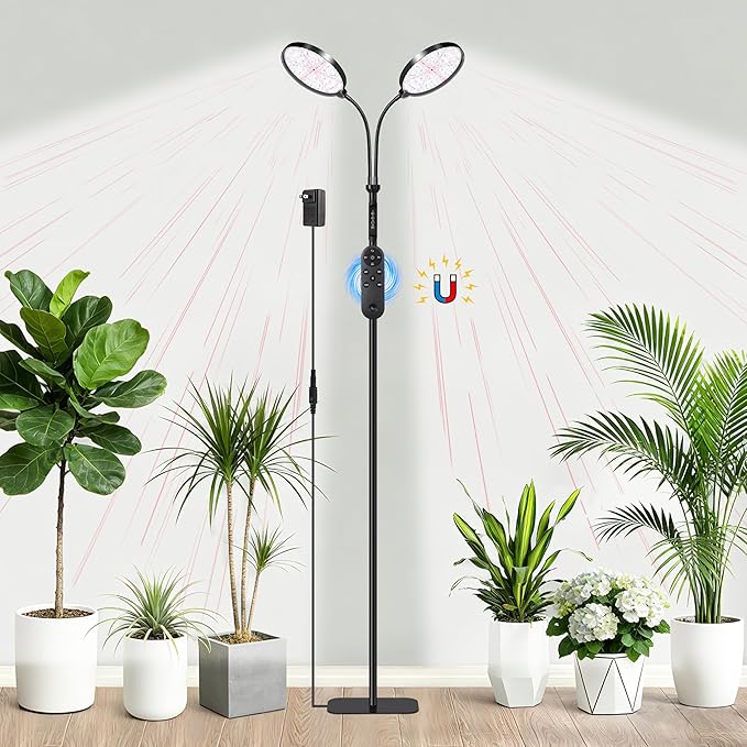 Dual Head Grow Light for Indoor Plants Full Spectrum Floor Standing Plant Light Remote Control &amp 4/8/12/18H Timer 3 Modes 10 Dimmable Levels Stable Base for Tall Plants Succulents Herbs Black