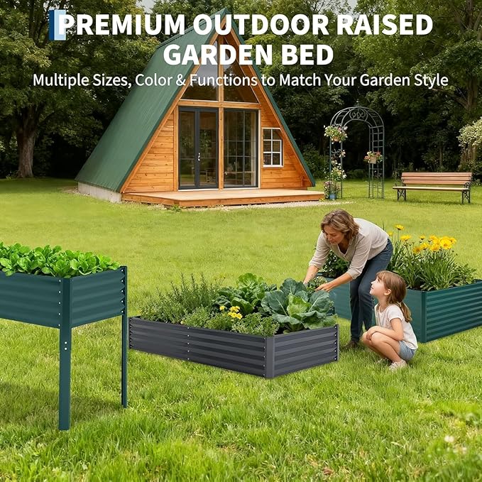 Raised Garden Bed with Cover 8x4x1 Ft Outdoor Galvanized Metal Planter Box with 2 Screen Windows Mini Greenhouse for Vegetables and Flowers Clear Top Cover