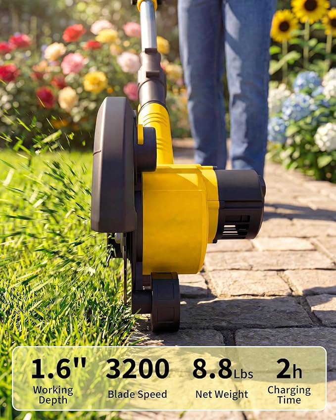 20V Cordless Lawn Edger 9-Inch Blade 4.0Ah Battery Powered Edger Lawn Tool with Dual Wheels 3 Depth Settings LawnTrencher for Yard Garden Patio Driveway Lawn and Sidewalk
