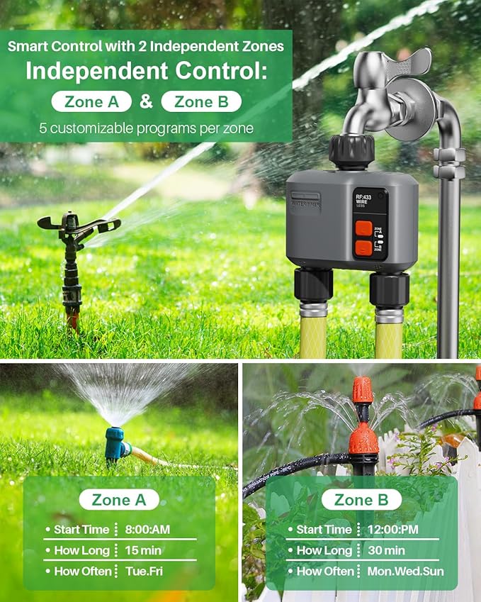 WiFi Sprinkler Timer 2 Zone with 984 Feet RF Gateway 2 Pack Smart Water Timer for Garden Hose with Rain Delay/Manual/AutomaticWiFi Water Hose Timers for Garden &amp Lawns