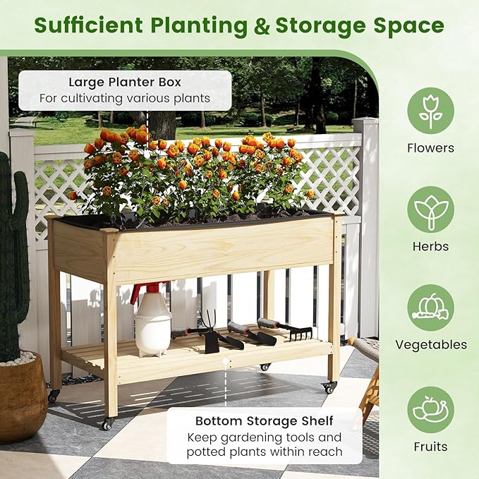 S AFSTAR 2 Pieces Wooden Raised Garden Bed with Wheels Elevated Planter Box with Legs Storage Shelf Liner &amp Drainage Holes Indoor Outdoor Patio Gardening Box for Vegetable Flower &amp Herb