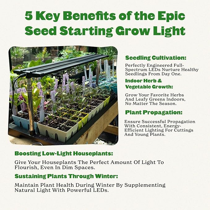 Epic Gardening Seed Starting Grow Light - Full-Spectrum LED with Adjustable Height &amp Integrated Tray for Indoor Seedlings | Energy-Efficient Long-Lasting Light with Timer (Standard)