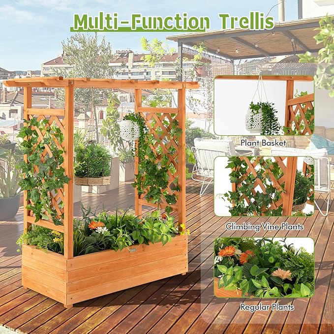 Giantex Raised Garden Bed with Trellis Wood Planter Box with Roof &amp Side Trellis Drain Holes Elevated Raised Bed with Trellis for Climbing Plant and Pot Hanging Indoor Outdoor Patio Balcony