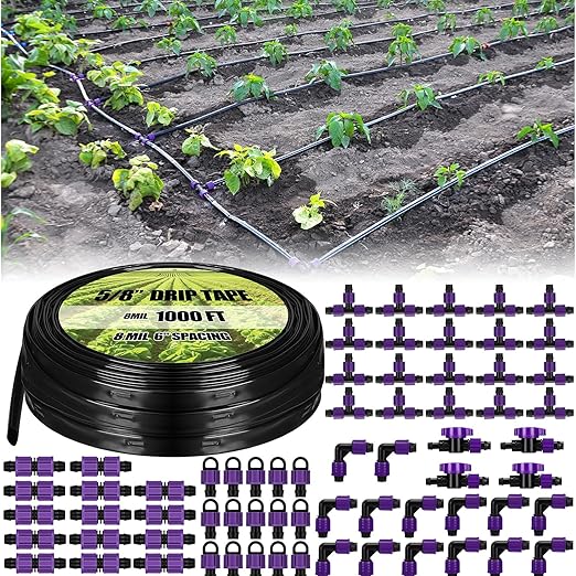 Tondiamo 1000' 5/8 Inch Drip Tape Irrigation Tubing Kit 8 Mil 6 Spacing Garden Hose Watering Tube Line Automatic Equipment for Garden Irrigation System Farms Landscape Lawn