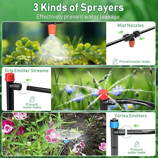 125FT Drip Irrigation System Automatic Drip Irrigation Kit with 5/16 Main Tube &amp 1/4 Branch Tubing Adjustable Drip Emitters Garden Watering System for Flower Bed Raised Beds Lawn Greenhous