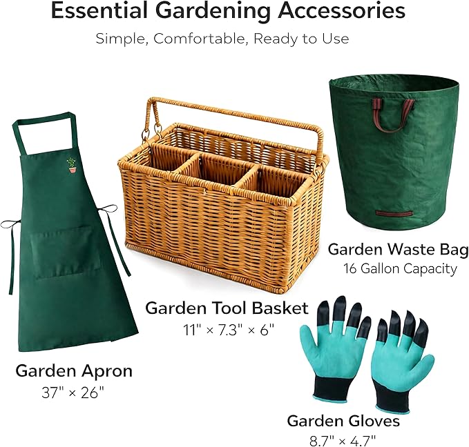 All-in-One Garden Tool Set with Basket 9-Piece Stainless Steel Garden Tools with Wooden Handles Gardening Gift Set