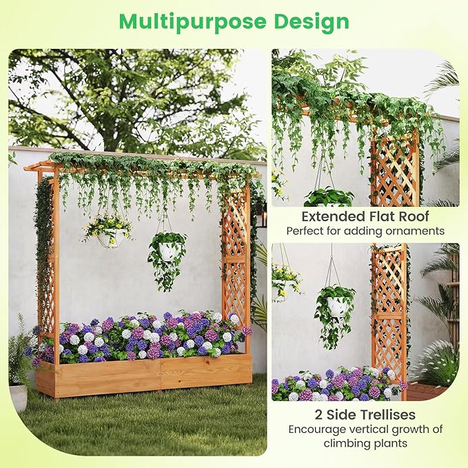 BECOMFORT Raised Garden Bed with Trellis &amp Hanging Roof 72 Tall Fir Wood Planter Box with Drainage Holes Outdoor Elevated Garden Planter for Climbing Vines (Orange 77 Lx17 Wx72 H)