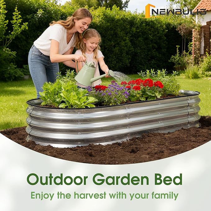 NEWBULIG Heavy-Duty Galvanized Oval Raised Garden Bed for Outdoor Metal Planter Box with Open Base Easy Assembly with Safe Edges for Vegetables/Flowers/Herbs