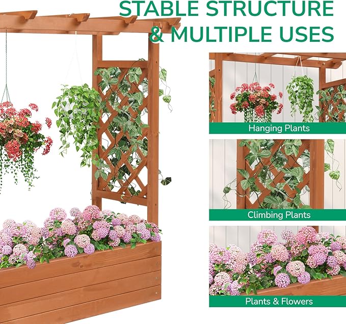 Elevated Garden Bed with Arch Trellis &amp Hanging Roof 44.5 Wooden Outdoor Planter Box for Climbing Vines Flowers Above-Ground Design Privacy Screen with Side Trellis &amp 4 Drainage Holes (Tea