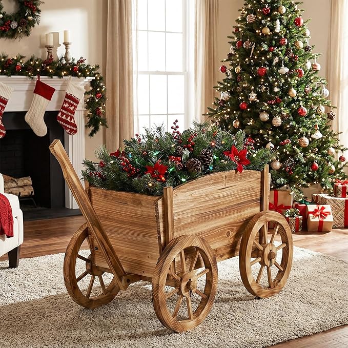Giantex Wood Wagon Planter Rustic Rolling Flower Pot Stand with Wheels Handle &amp Drainage Hole for Growing Vegetables Herbs Indoor Outdoor Decorative Cart for Patio Balcony Garden