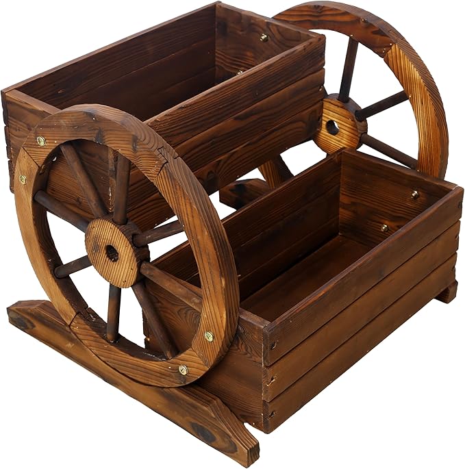 2-Tier Wooden Wagon Planter Box Raised Garden Bed for Outdoor Durable Planter Boxes Outdoor Raised Flower Bed for Flowers Vegetables and Herbs Easy Assembly Ideal for Gardens and Patios (Brown)