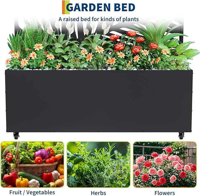 Metal Planter Box with Trellis 47X16X71 Raised Garden Bed w/Wheels Galvanized Metal Privacy Screen for Climbing Plants Vegetables Vines Patio Planters with Drainage Holes 16 Deep Bed