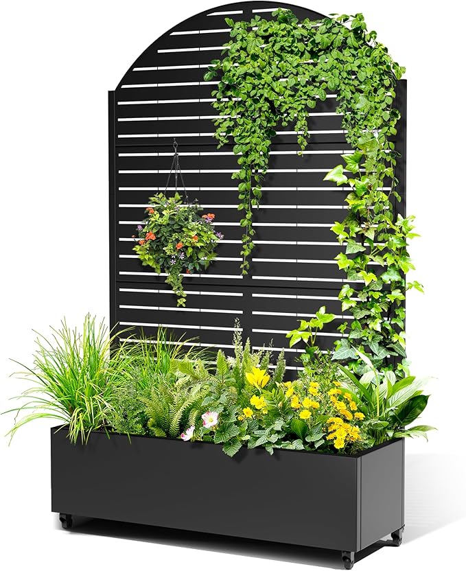 Metal Raised Garden Bed with Trellis 2-in-1 Planter Box &amp Privacy Screen for Climbing Plants Outdoor Standing Flower Bed with Drainage Holes 47.2 L x 16.7 W x 70.8 H Black-Louvered