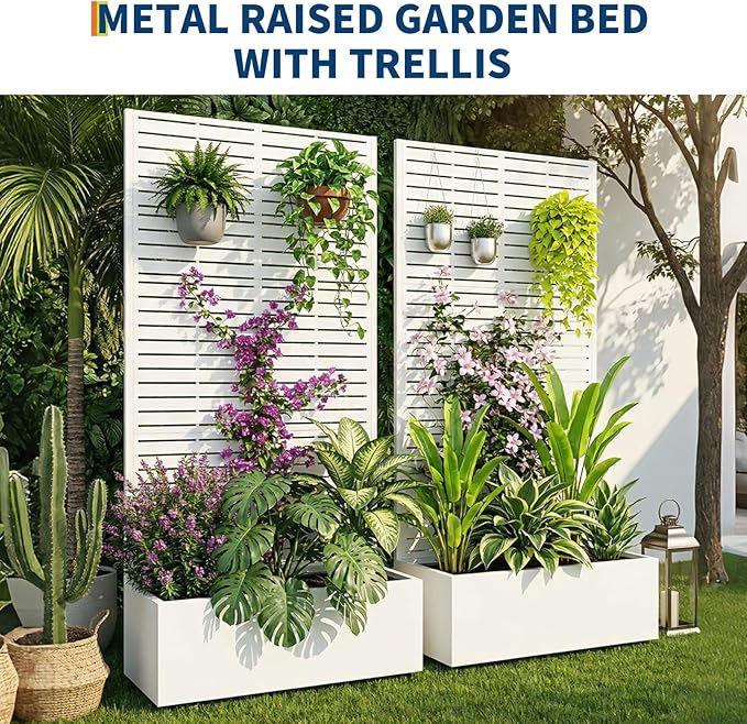 GarveeLife Metal Planter Box with Trellis and Wheels 71.5x47x16 Raised Garden Bed for Patio Outdoor Privacy Planters with Drainage Holes for Climbing Plants Flowers Vegetables Vines White