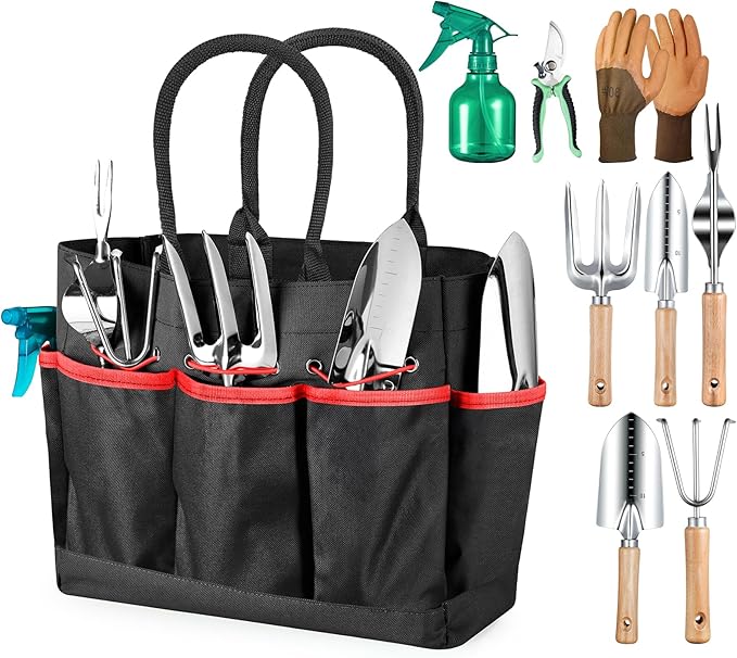 Garden Tools 9-Piece Heavy Duty Gardening Hand Tools with Fashion and Durable Garden Tools Organizer Handbag Rust-Proof Garden Tools Set Ideal Gardening Gifts for Women (Black Red)