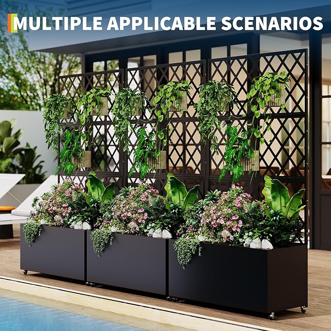 Galvanized Steel Raised Garden Bed with Trellis &amp Privacy Screen - 71 in x35 in x16 in Planter Box with Lockable Casters &amp Drainage Holes for Vines Vegetables On Patio Deck or Yard Black