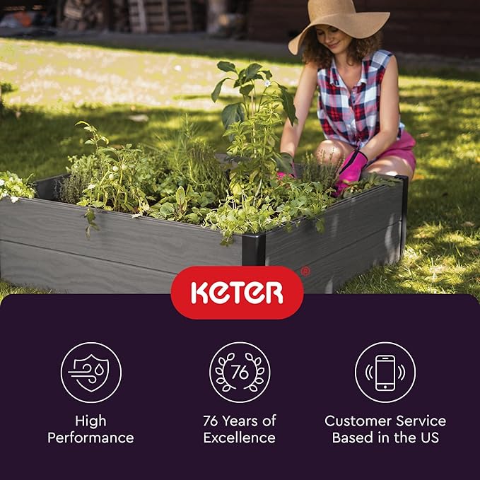 Keter 48 X 48 inches Wood Look Raised Garden Bed Durable Outdoor Herb Garden Planter for Vegetables Flowers and Succulents Grey