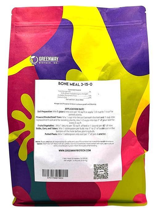 Greenway Biotech Inc. Bone Meal Fertilizer 3-15-0 Plus 24% Calcium for Plant’s Strong Root Development- Plant Food Source of Nitrogen and Phosphorus for Gardening Flowering Plants - (10 Pounds)