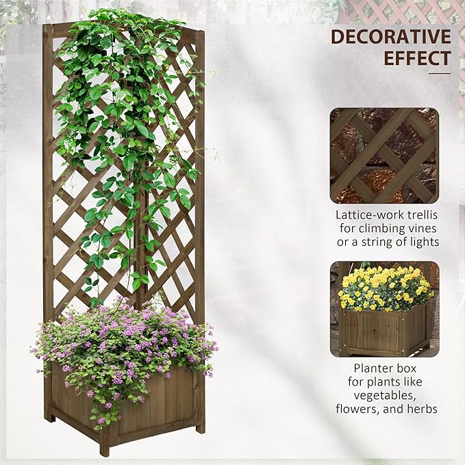 48x25x18in Premium Carbonized Wooden Raised Garden Bed with Full-Height Trellis System for Vertical Garden Expansion Practical Design