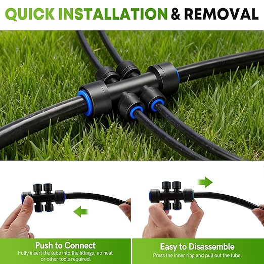 Snowtaros 50FT 1/2 Drip Irrigation Tubing with 4 Packs 4-Way Quick Coupler Push-to-Connect Fittings for Garden Watering System for Raised Beds Garden Greenhouse Lawn