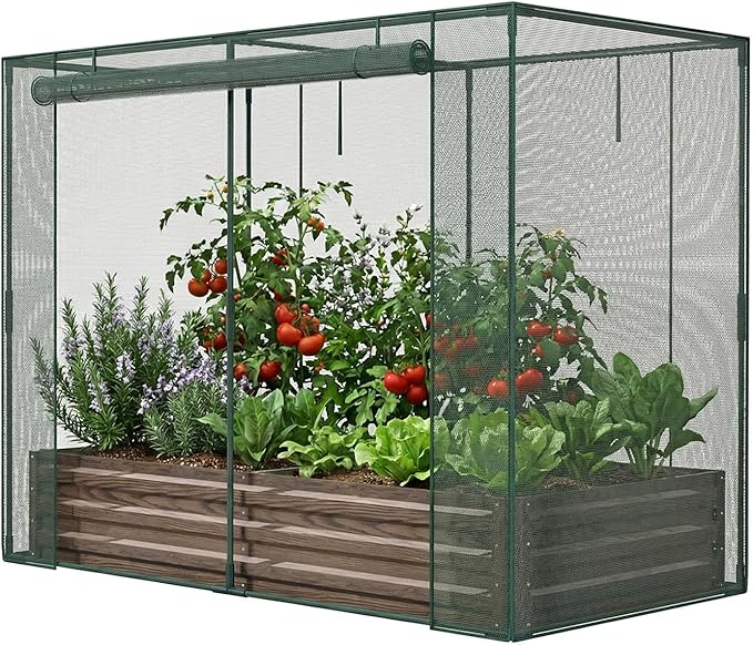 SUNYRISY Galvanized Raised Garden Bed with Protection Netting Outdoor Metal Planter Box with Plant Crop Cage Garden Box Protection for Gardening Vegetables Flowers Herbs Planting Wood Grain